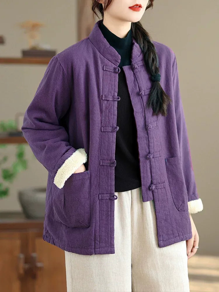 Retro Frog Button Mandarin Collar Padded Jacket