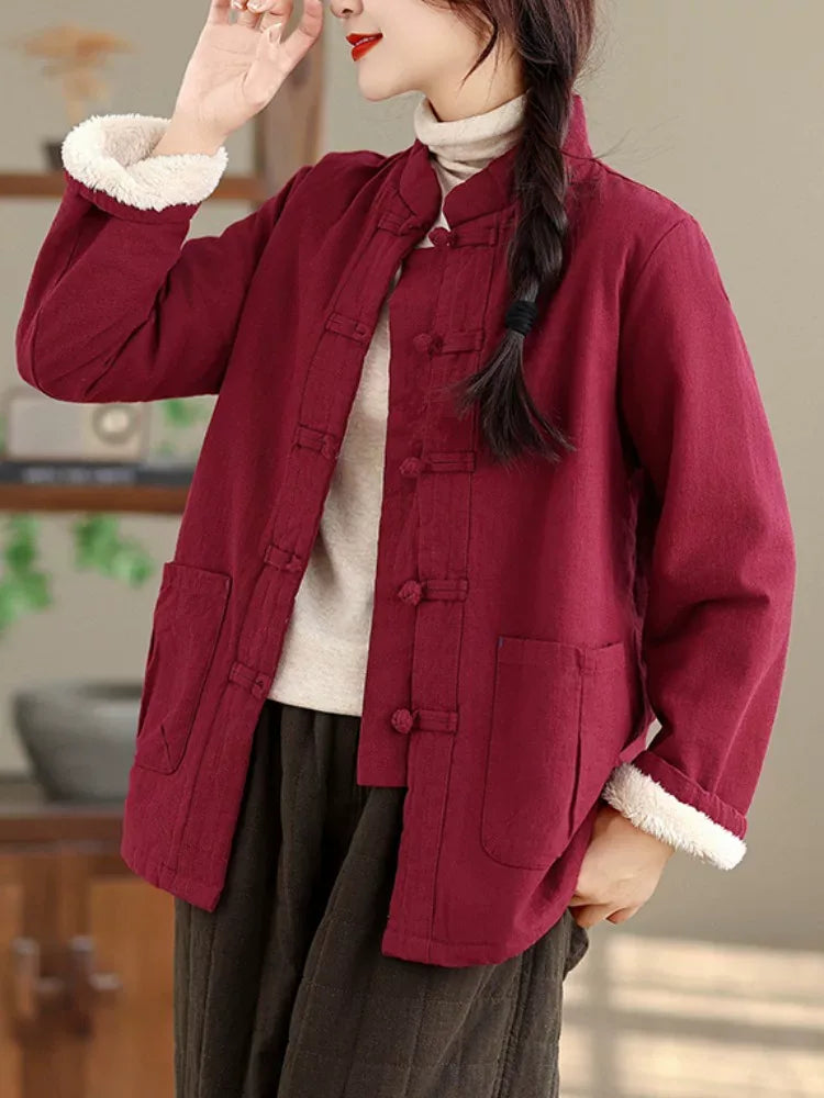 Retro Frog Button Mandarin Collar Padded Jacket