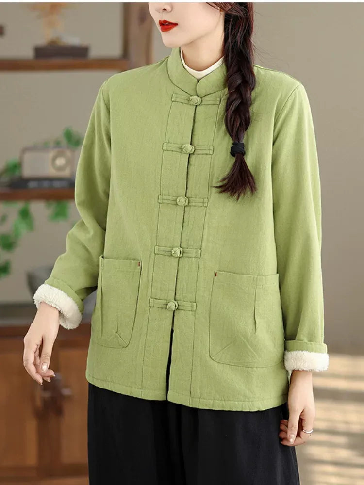 Retro Frog Button Mandarin Collar Padded Jacket