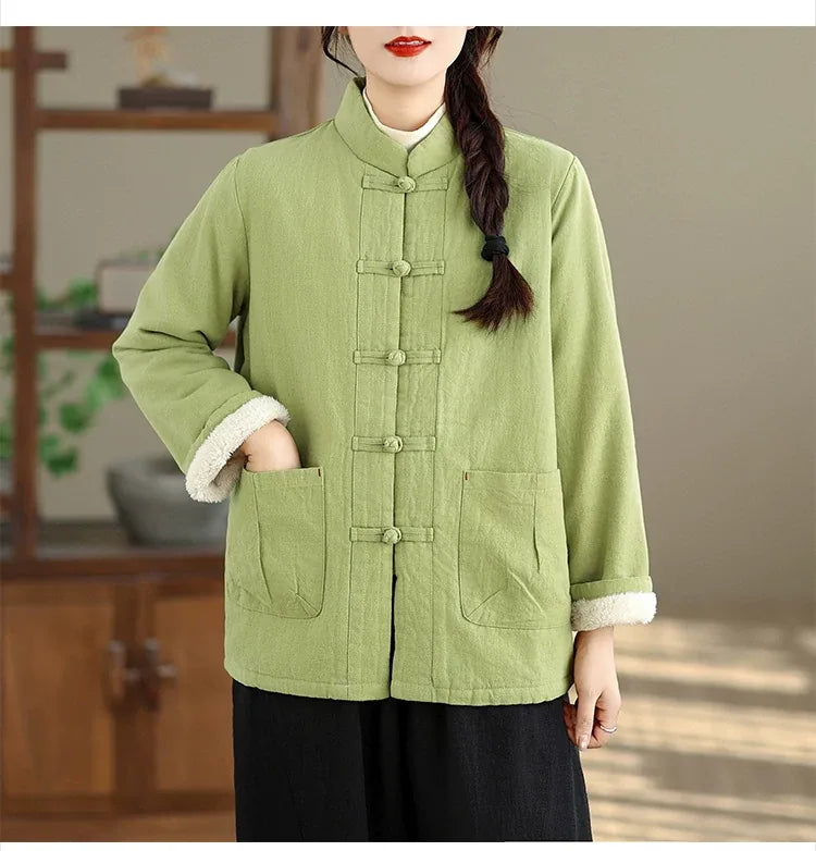 Retro Frog Button Mandarin Collar Padded Jacket