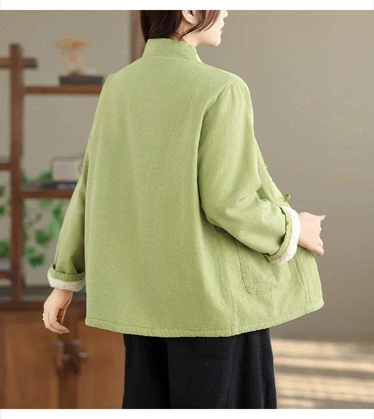 Retro Frog Button Mandarin Collar Padded Jacket