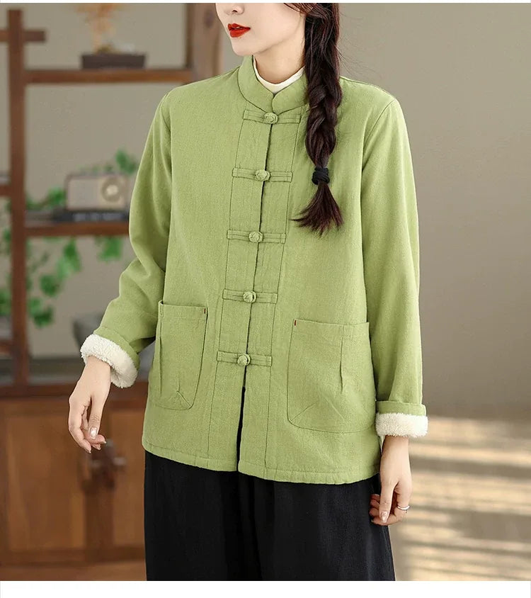 Retro Frog Button Mandarin Collar Padded Jacket