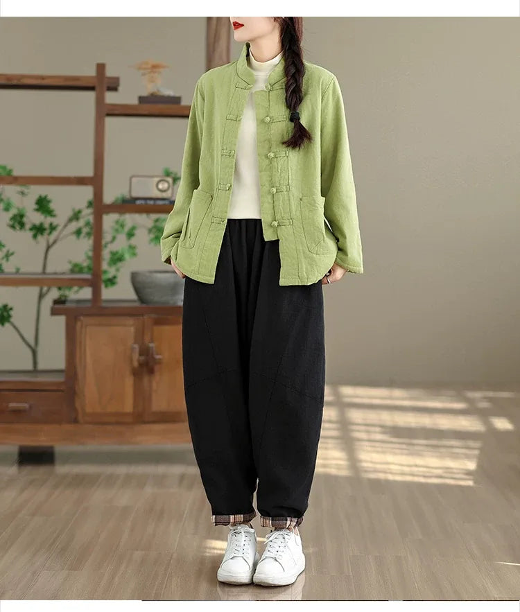 Retro Frog Button Mandarin Collar Padded Jacket