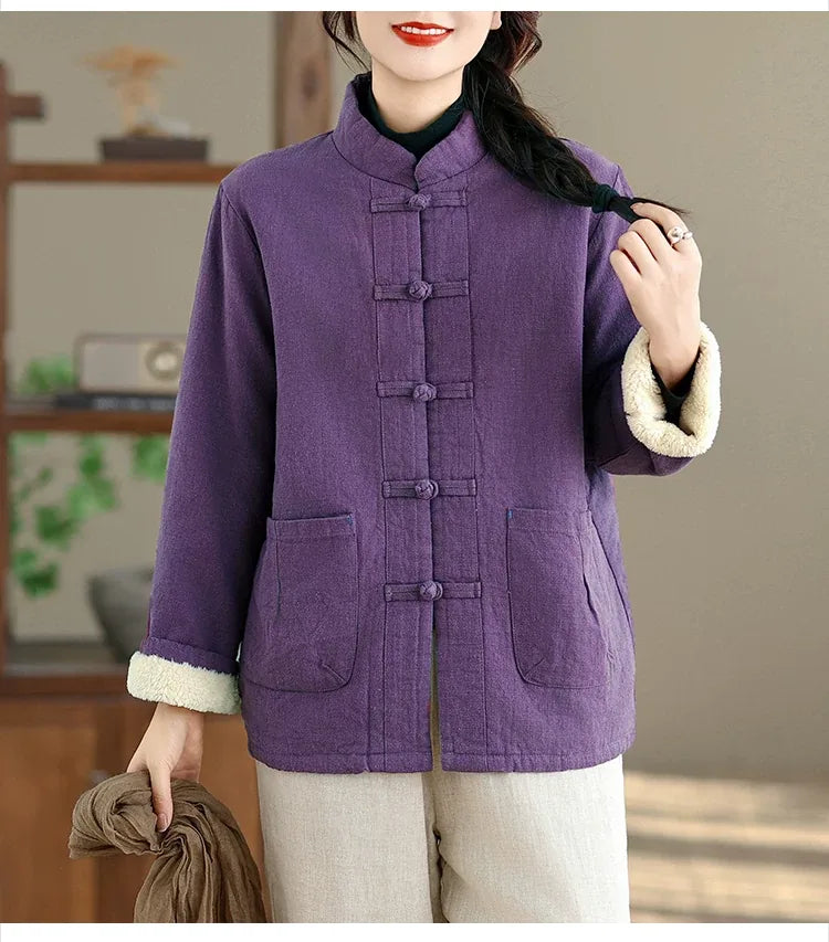 Retro Frog Button Mandarin Collar Padded Jacket