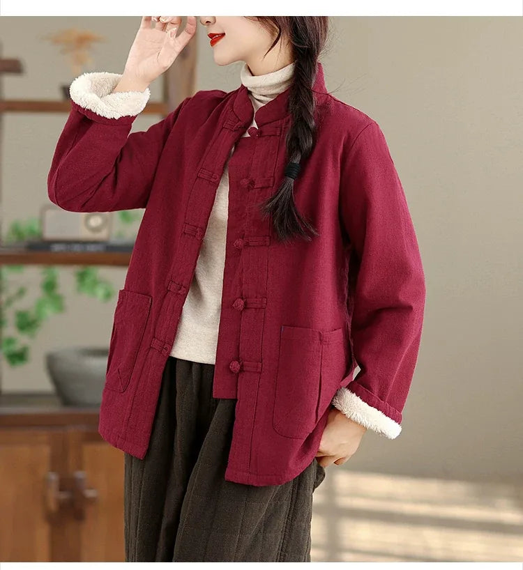 Retro Frog Button Mandarin Collar Padded Jacket