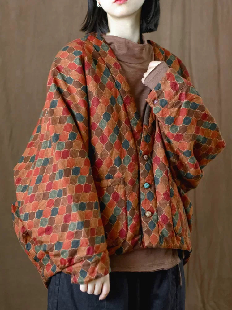 Retro Geometric Print Batwing Sleeve Padded Jacket