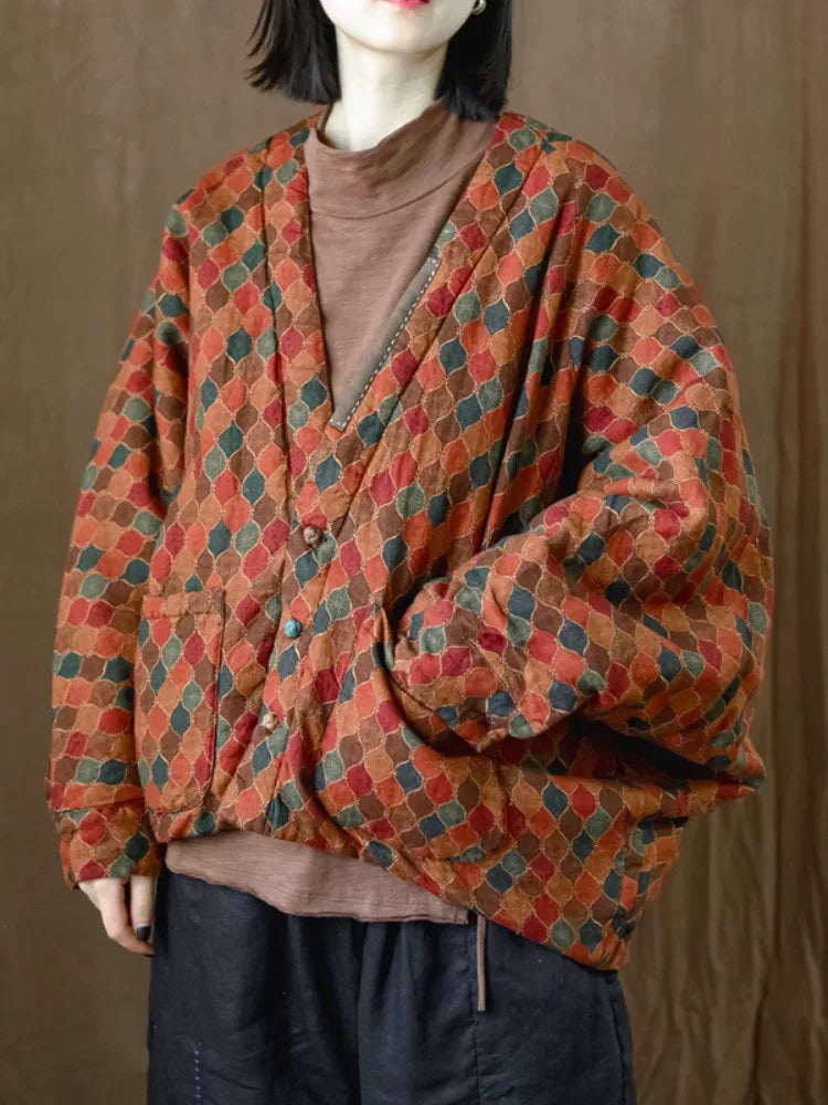 Retro Geometric Print Batwing Sleeve Padded Jacket