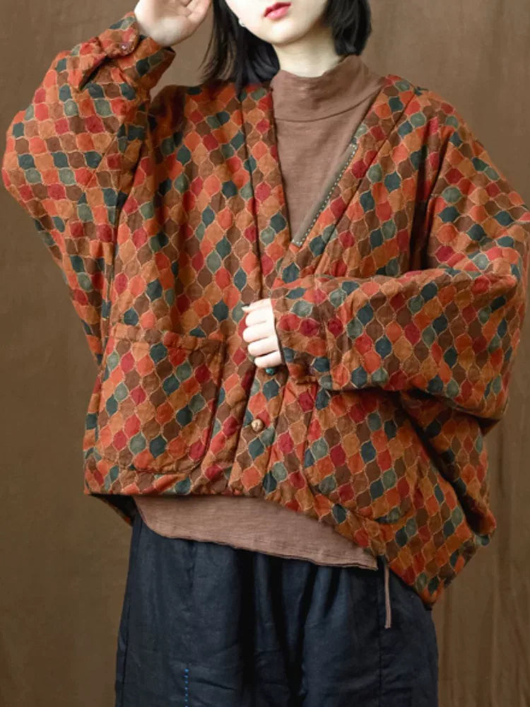 Retro Geometric Print Batwing Sleeve Padded Jacket