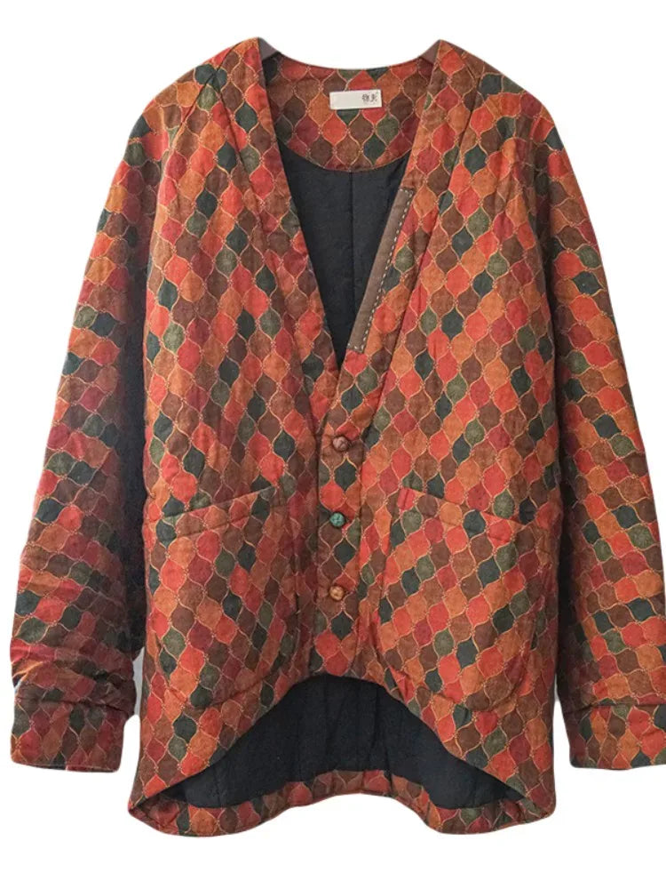 Retro Geometric Print Batwing Sleeve Padded Jacket