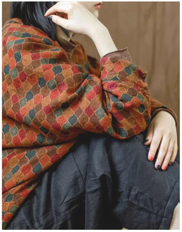 Retro Geometric Print Batwing Sleeve Padded Jacket