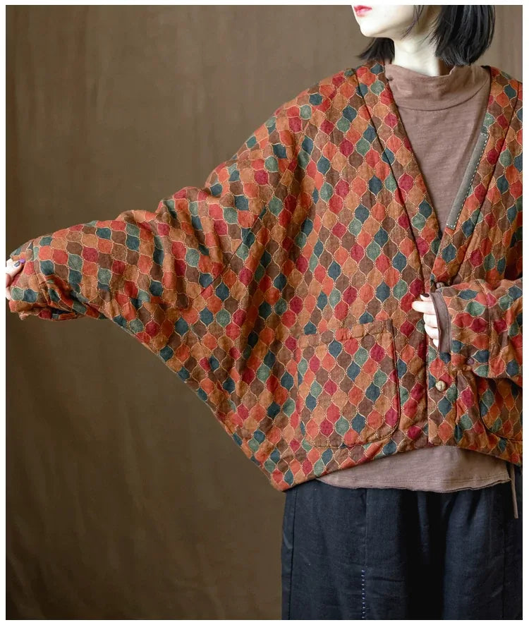 Retro Geometric Print Batwing Sleeve Padded Jacket