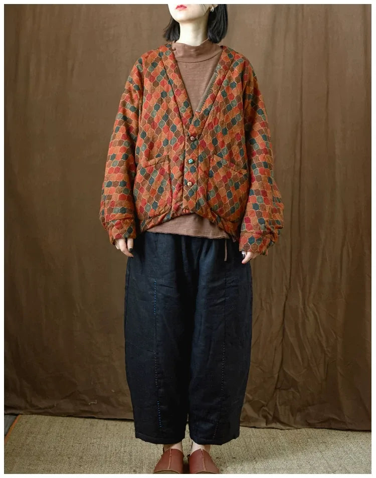 Retro Geometric Print Batwing Sleeve Padded Jacket