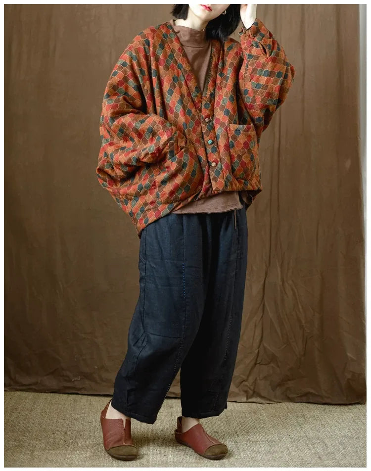 Retro Geometric Print Batwing Sleeve Padded Jacket