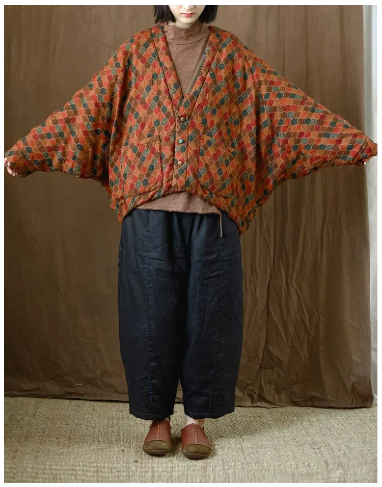 Retro Geometric Print Batwing Sleeve Padded Jacket
