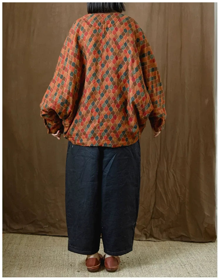 Retro Geometric Print Batwing Sleeve Padded Jacket