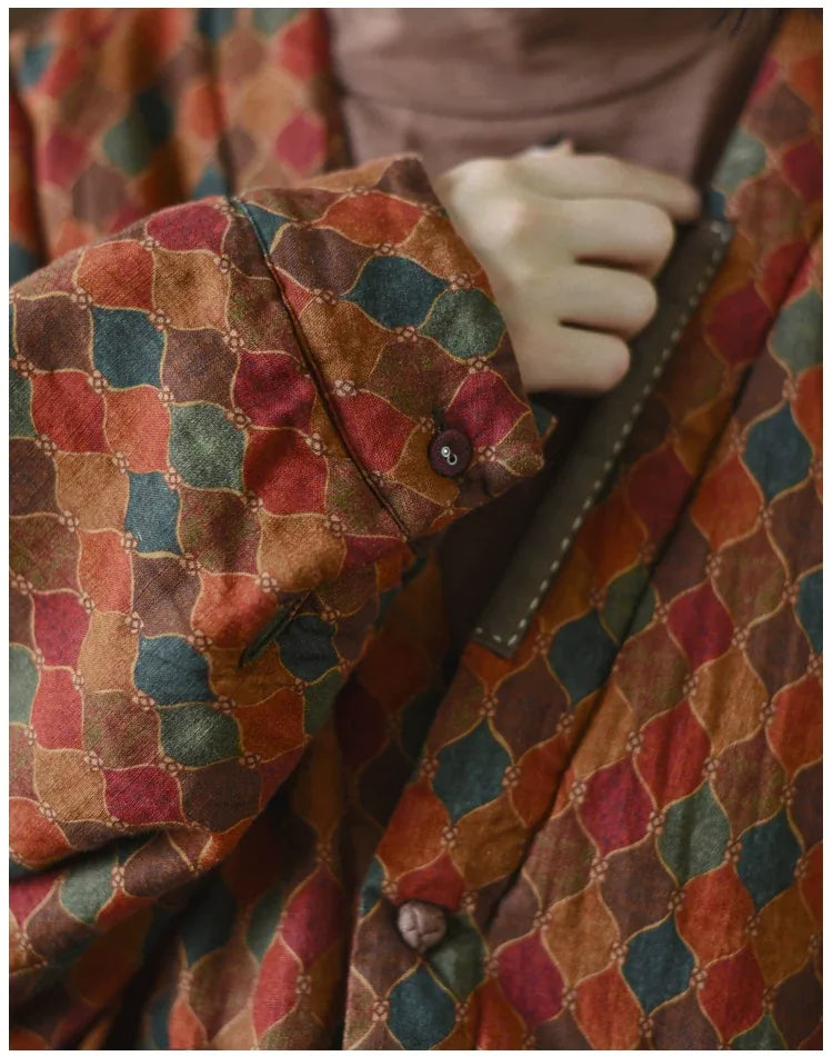 Retro Geometric Print Batwing Sleeve Padded Jacket