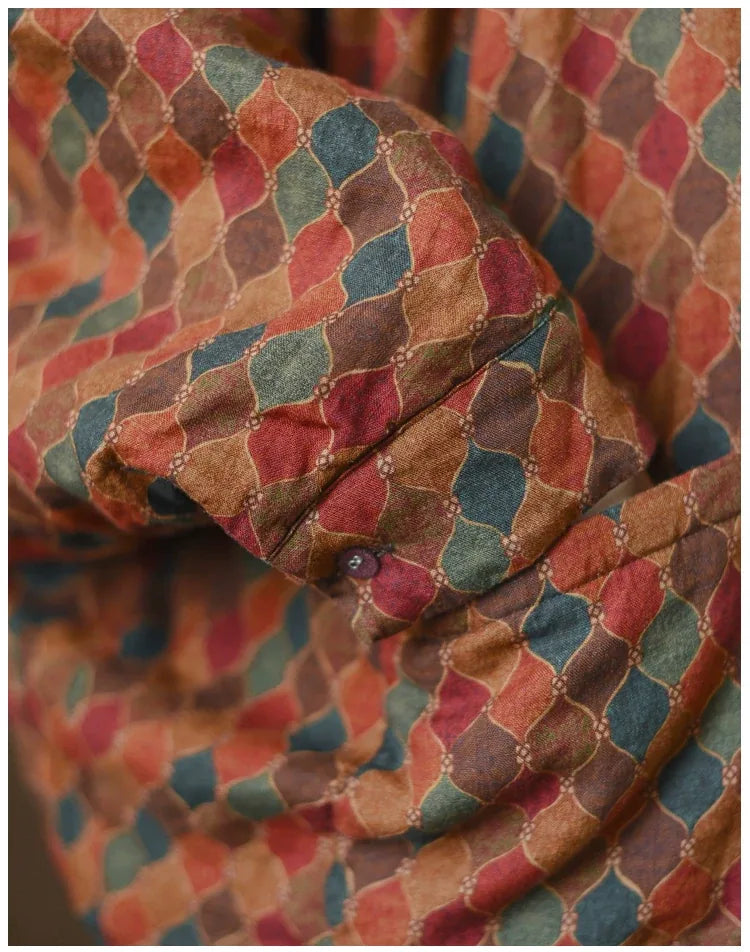 Retro Geometric Print Batwing Sleeve Padded Jacket