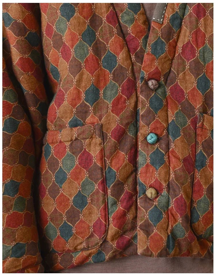 Retro Geometric Print Batwing Sleeve Padded Jacket