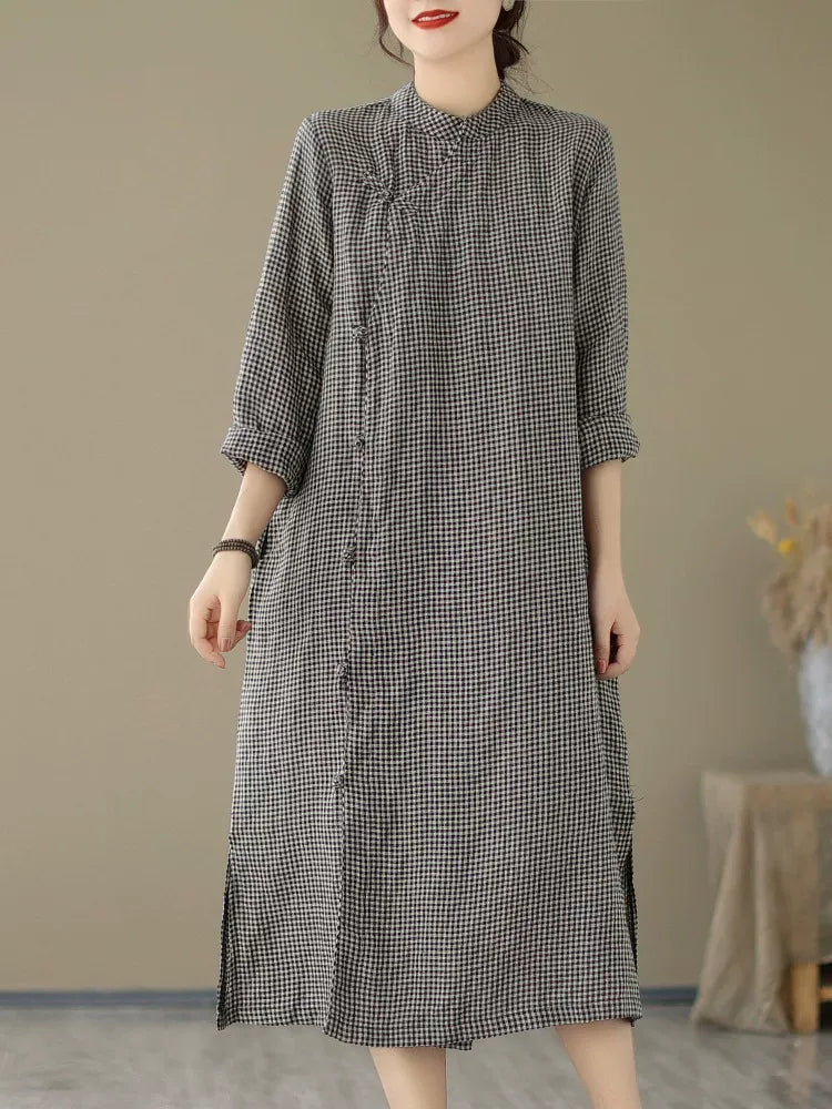 Retro Gingham Check Frog Button Mandarin Collar Midi Dress