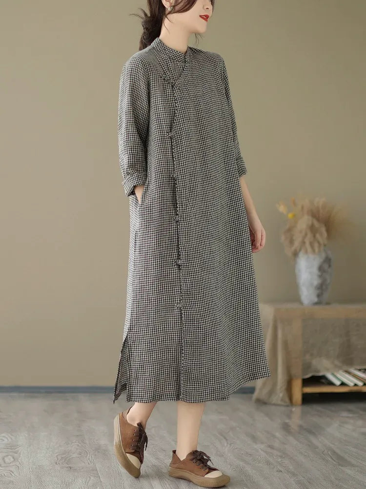 Retro Gingham Check Frog Button Mandarin Collar Midi Dress