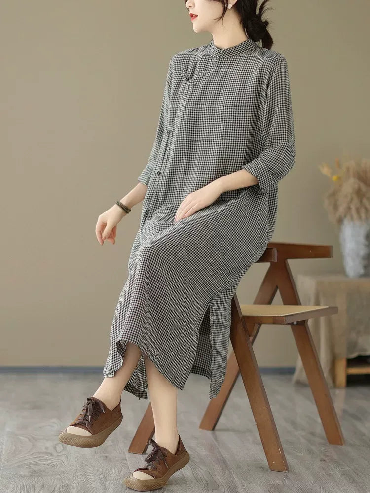 Retro Gingham Check Frog Button Mandarin Collar Midi Dress