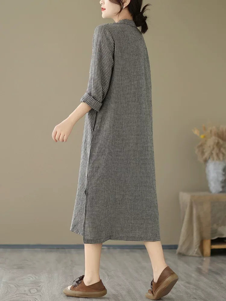 Retro Gingham Check Frog Button Mandarin Collar Midi Dress