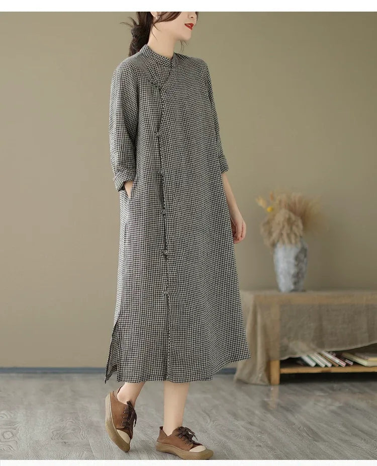 Retro Gingham Check Frog Button Mandarin Collar Midi Dress