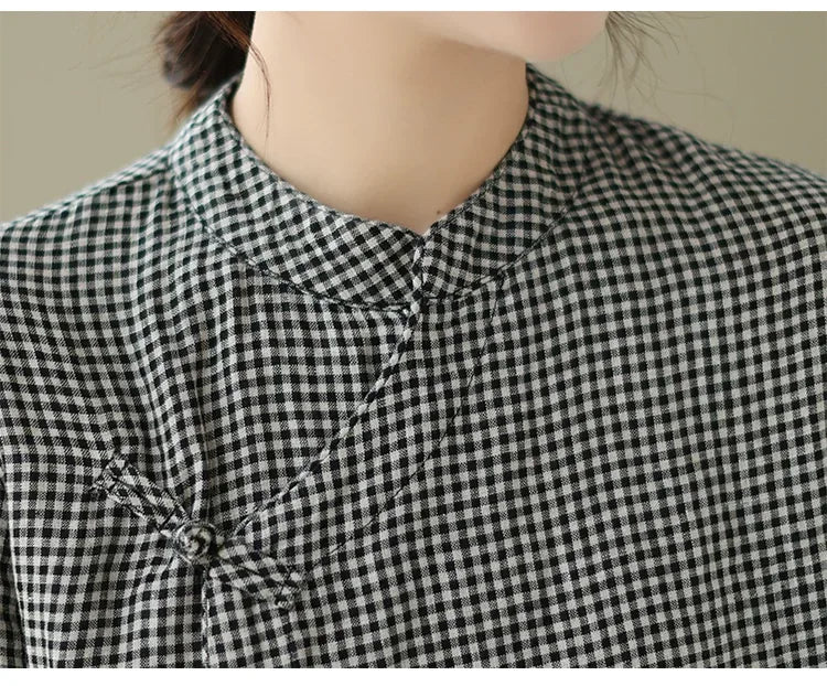 Retro Gingham Check Frog Button Mandarin Collar Midi Dress