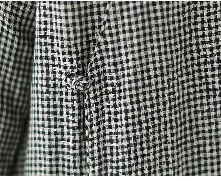 Retro Gingham Check Frog Button Mandarin Collar Midi Dress
