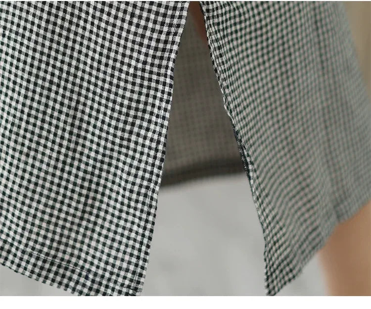 Retro Gingham Check Frog Button Mandarin Collar Midi Dress
