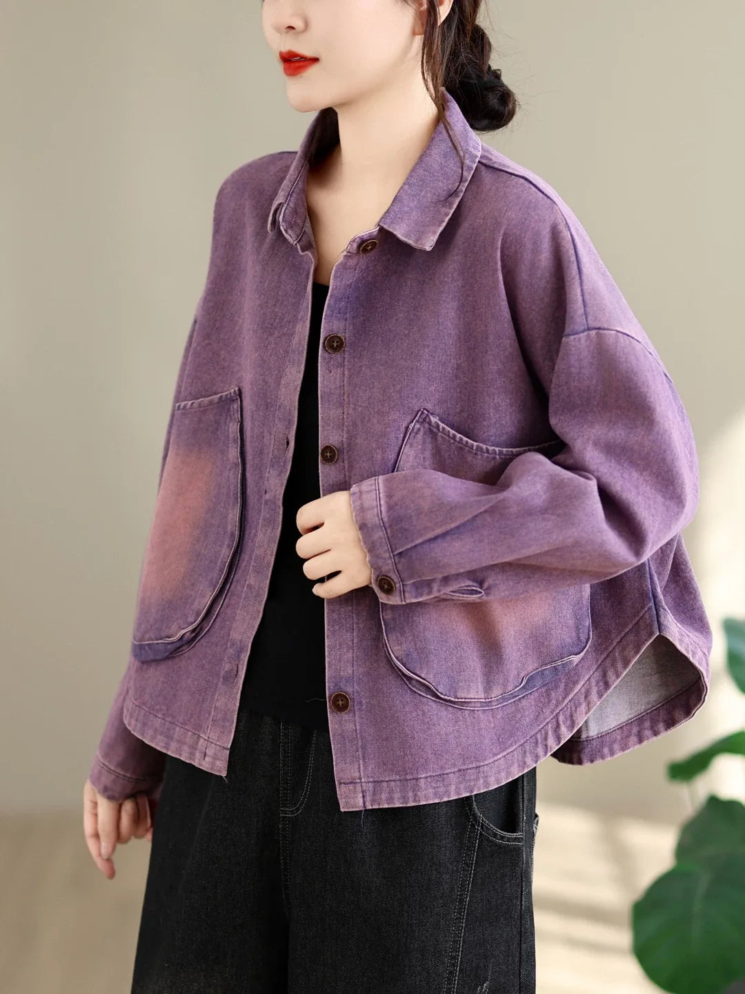 Retro Gradient Wash Patch Pocket Button Front Jacket