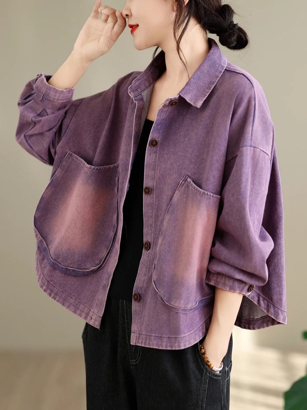 Retro Gradient Wash Patch Pocket Button Front Jacket