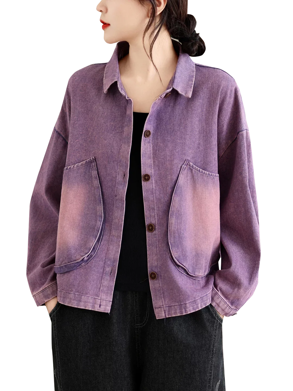 Retro Gradient Wash Patch Pocket Button Front Jacket