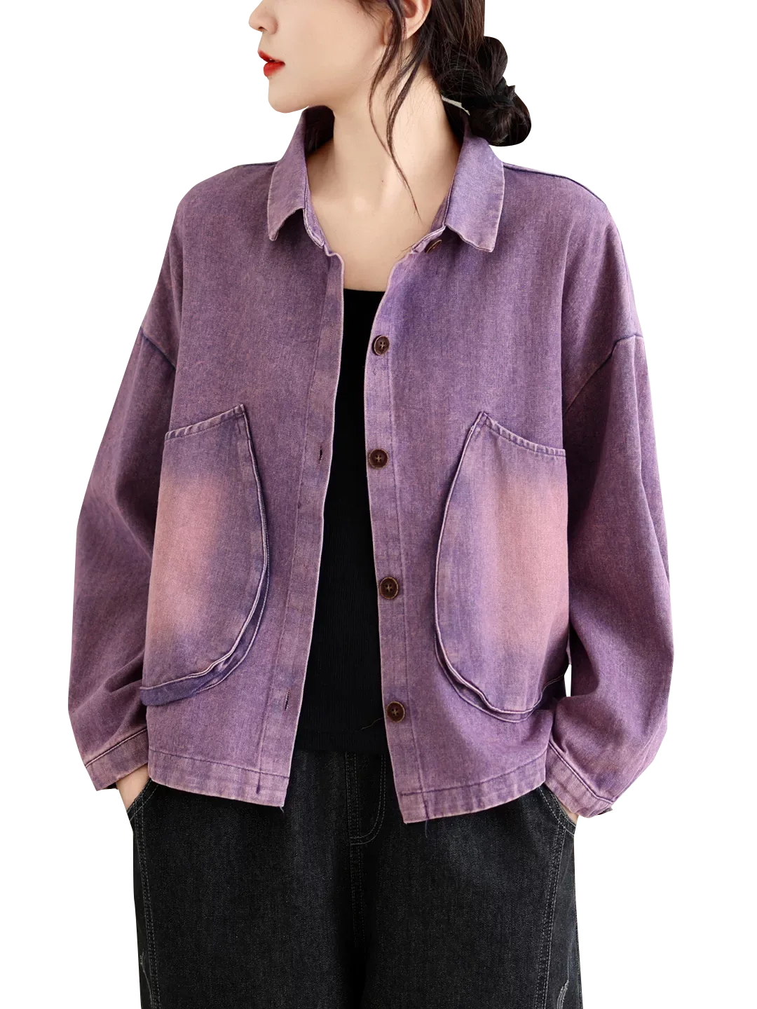 Retro Gradient Wash Patch Pocket Button Front Jacket