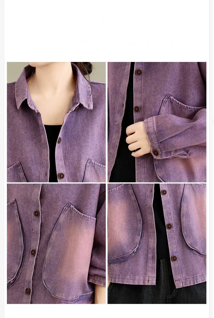 Retro Gradient Wash Patch Pocket Button Front Jacket
