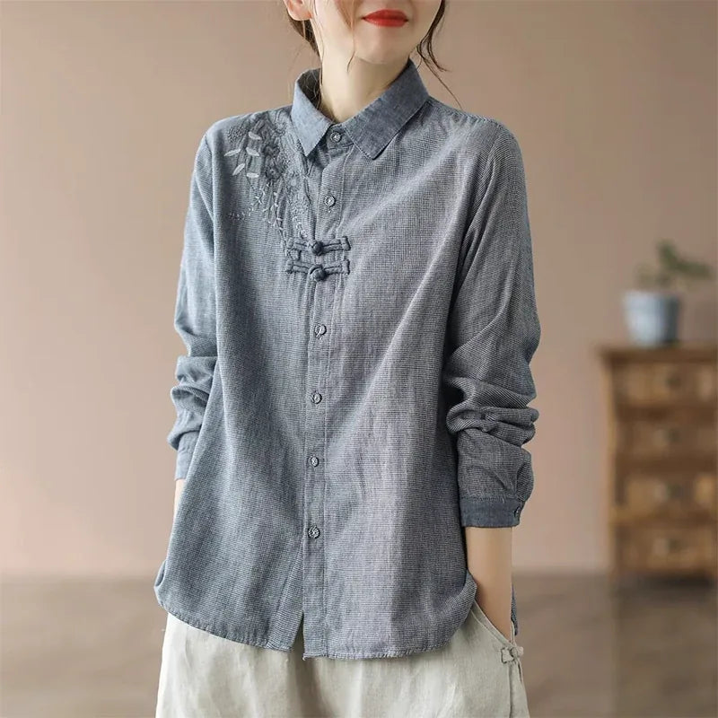 Retro Grid Pattern Embroidered Frog Button Long Sleeve Shirt