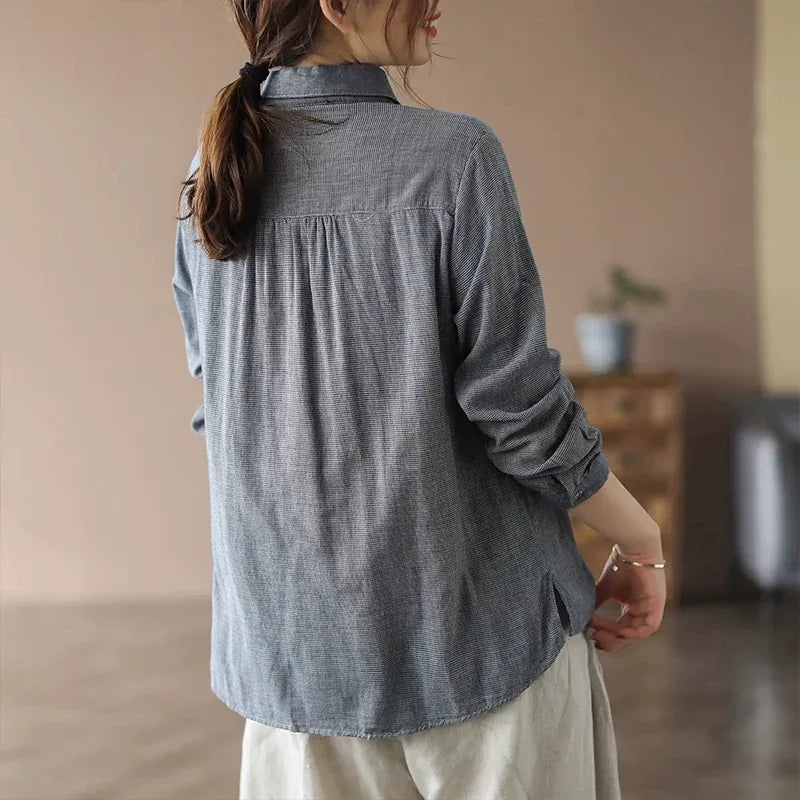 Retro Grid Pattern Embroidered Frog Button Long Sleeve Shirt