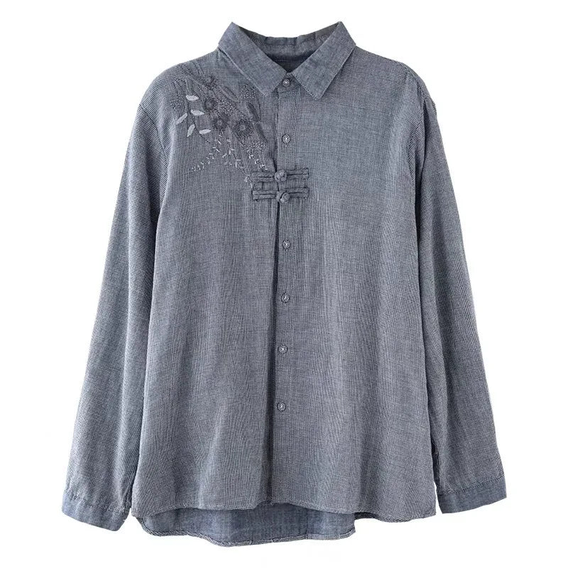 Retro Grid Pattern Embroidered Frog Button Long Sleeve Shirt