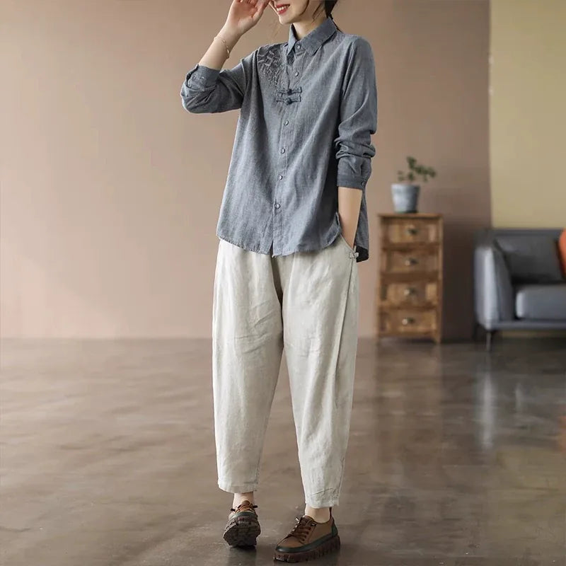 Retro Grid Pattern Embroidered Frog Button Long Sleeve Shirt