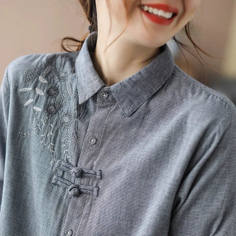 Retro Grid Pattern Embroidered Frog Button Long Sleeve Shirt