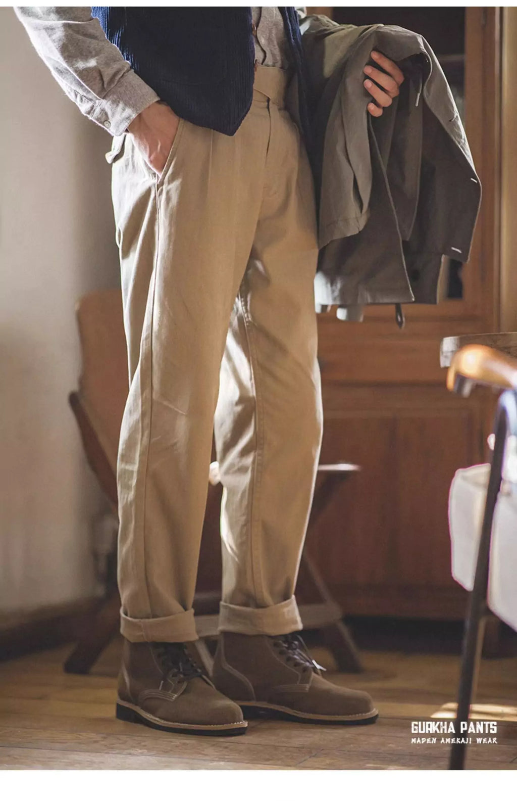 Pantalones Gurkha retro de talle alto y pierna recta de color caqui