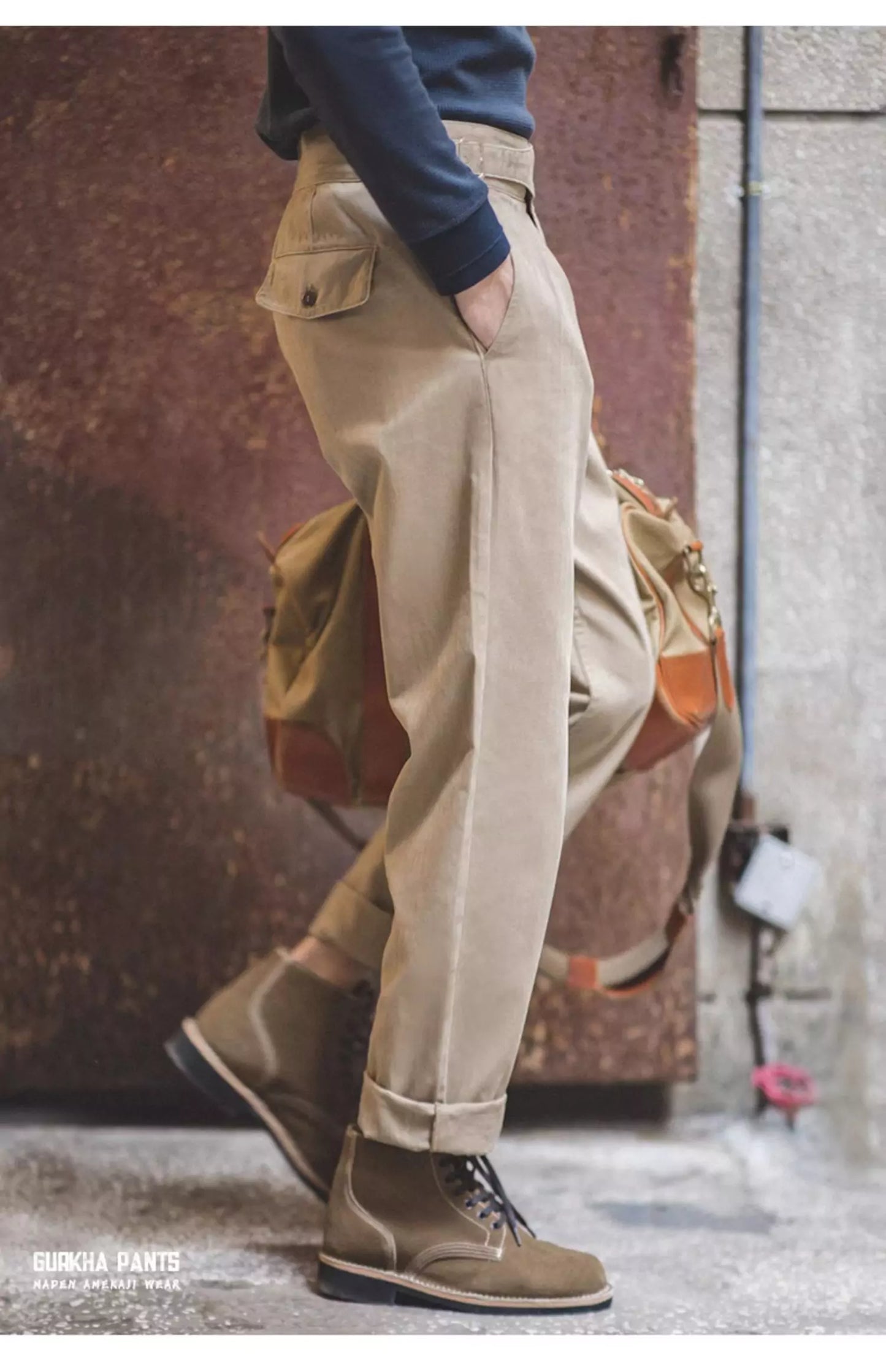 Retro High-Waisted Straight-Leg Khaki Gurkha Pants