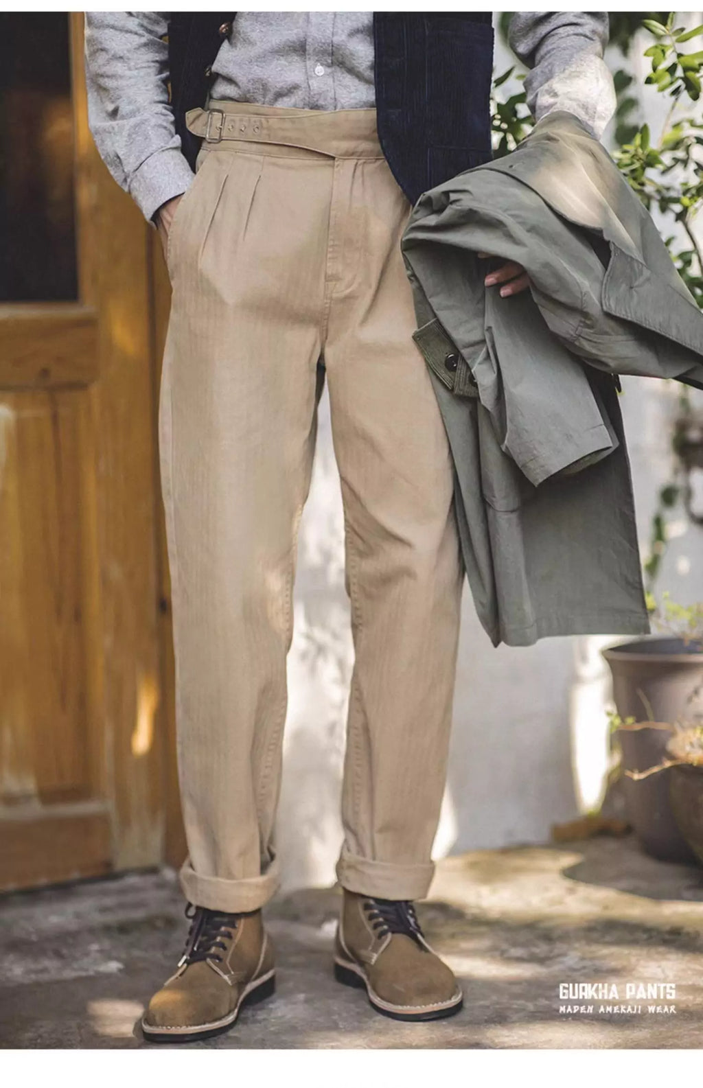 Pantalones Gurkha retro de talle alto y pierna recta de color caqui