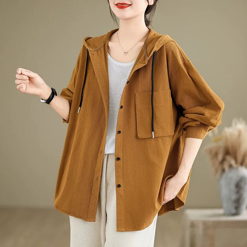 Retro Hooded Shirt Jacket with Patch Pocket and Button Front