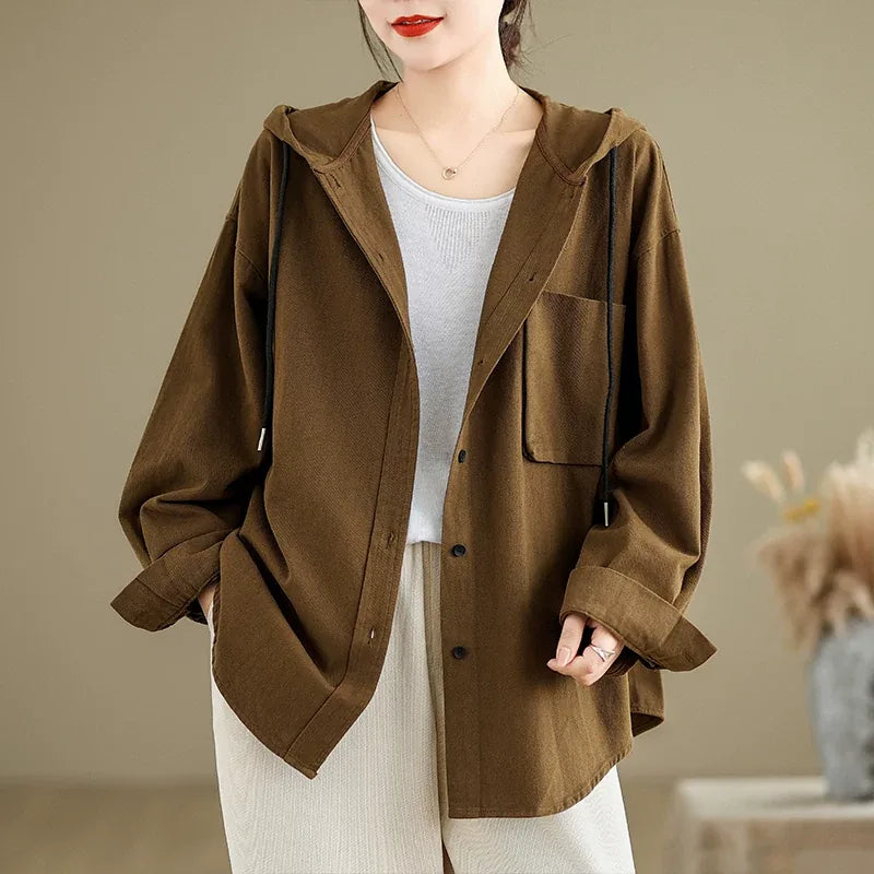 Retro Hooded Shirt Jacket with Patch Pocket and Button Front