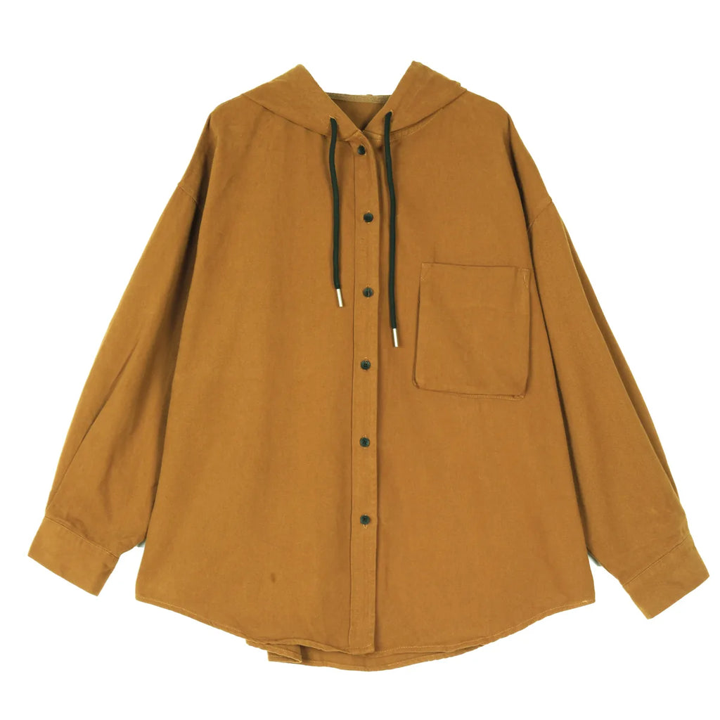 Retro Hooded Shirt Jacket with Patch Pocket and Button Front