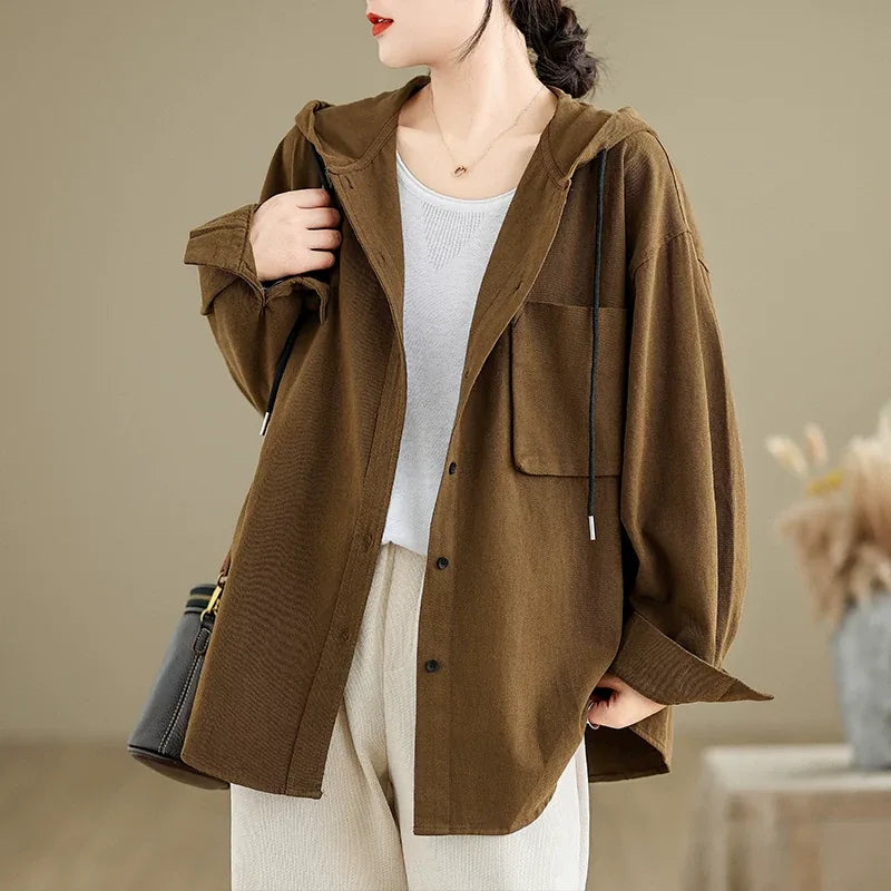 Retro Hooded Shirt Jacket with Patch Pocket and Button Front - Brown
