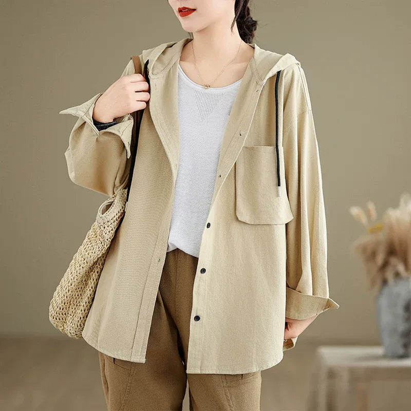 Retro Hooded Shirt Jacket with Patch Pocket and Button Front - Khaki