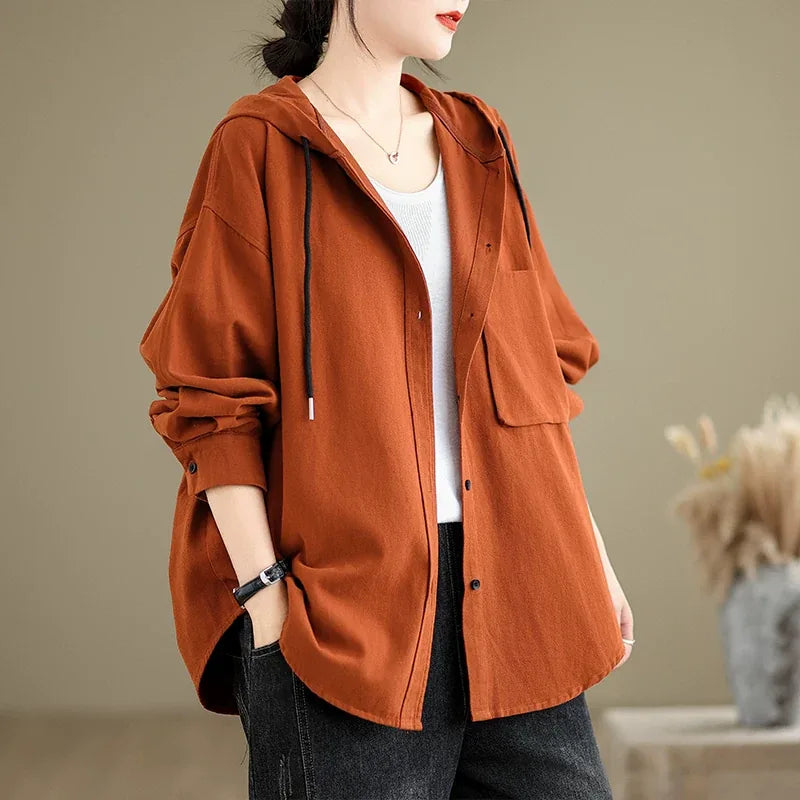 Retro Hooded Shirt Jacket with Patch Pocket and Button Front - Maple Red