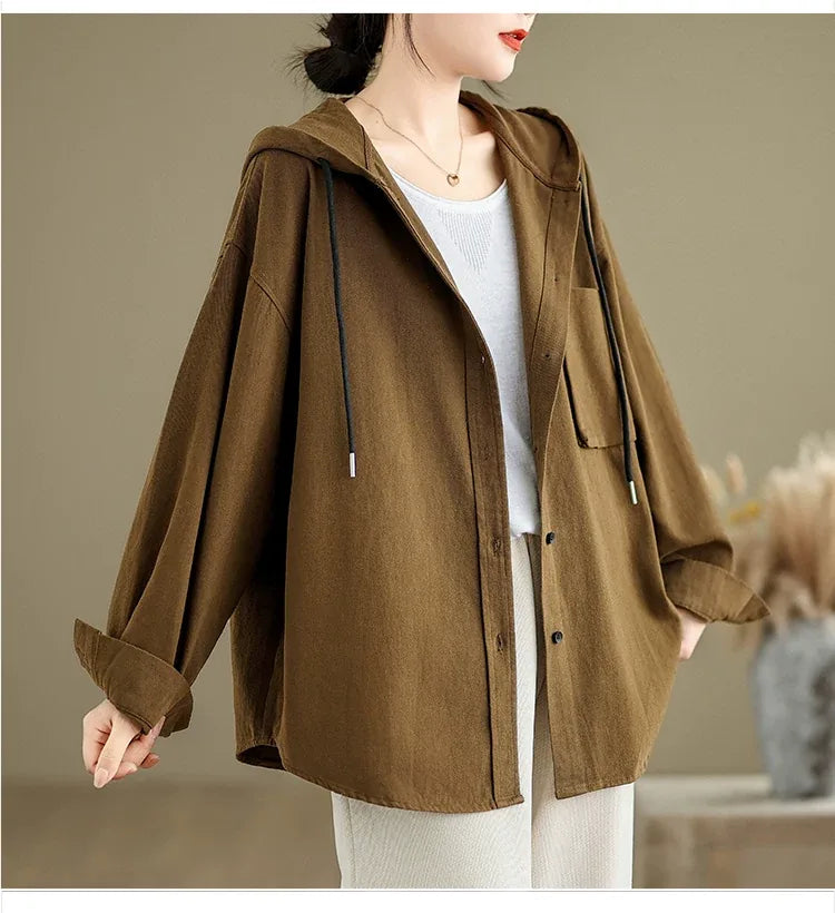 Retro Hooded Shirt Jacket with Patch Pocket and Button Front